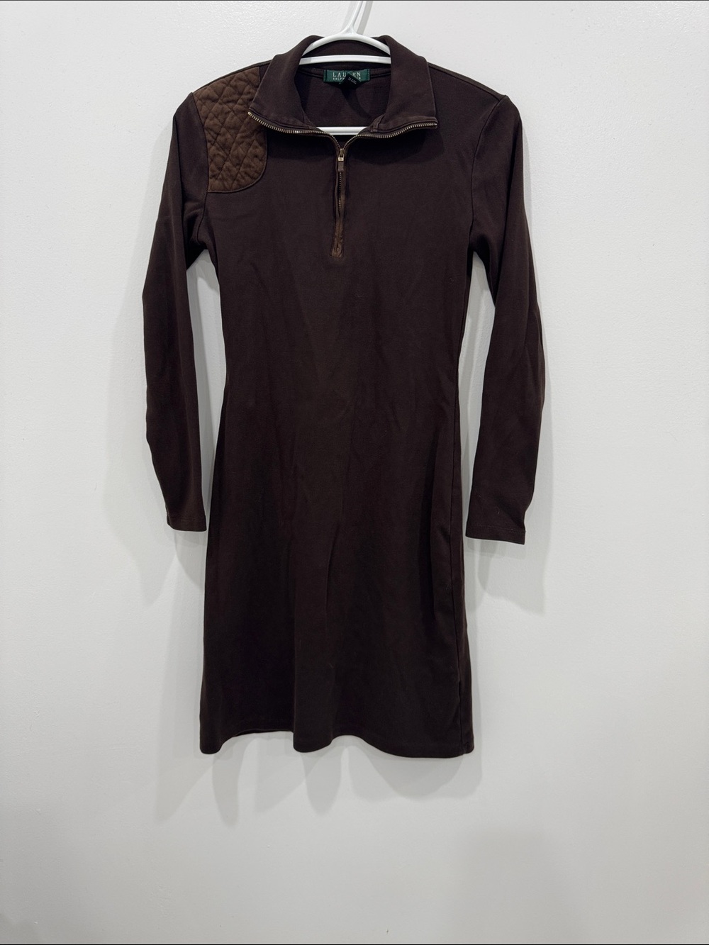Lauren Ralph Lauren Brown Suede Shoulder Quarter Zip Cotton Dress S